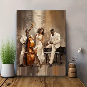 Art Deco Modern Jazz Club Canvas Wall Art Print with Oil Effect - Contemporary Music Theme Poster, Wrapped Canvas with Pine Frame, Suitable for Home Office, Living Room, Bedroom - Indoor Portrait Wall Hanging Decoration