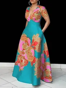 Women's Floral Print Wrap Deep V Neck A Line Dress, Elegant Classy Flattering Short Sleeve Pocket Maxi Dress for Party Holiday Wedding Guest, Ladies Summer Clothes