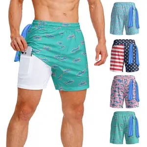 Men’s 7-in Quick-Dry Stretch 2-in-1 Swim Trunks with Compression Liner, Adjustable Waist Drawstring, Pockets, UV Protection - Beach, Swimming