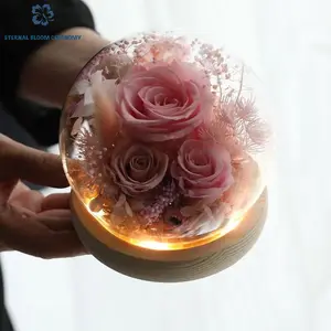 Preserved Lavender Rose Floral Arrangement in Glass Dome with Wooden Glowing Light Base, Pink Ornaments, "My Heart Will Go On" Romantic Centerpiece, Gift-Ready Boxed Home & Festive Supplies Accessory