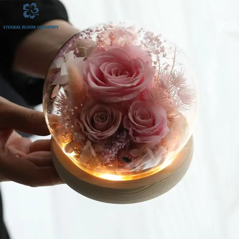 Preserved Lavender & Rose Floral Dome Centerpiece, Glass Dome Arrangement with Wooden Base Glowing Light, Pink Ornaments, Gift-Ready Boxed for Anniversary Bedroom Decor (Home & Festive Supplies), Wood Base, Flowers