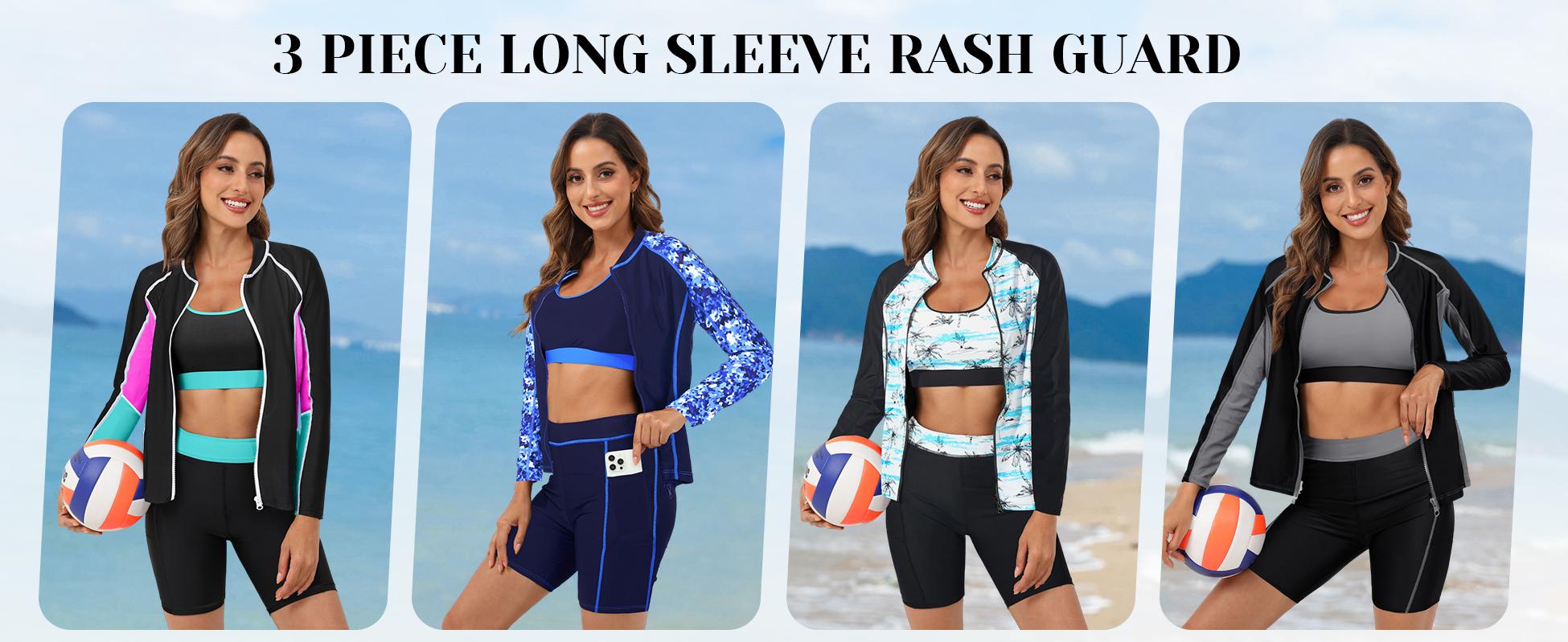 Daci Women Three Piece Rash Guard - Long Sleeve Zip up Swim Shirt Sports Bra Modest Swimsuit with Shorts