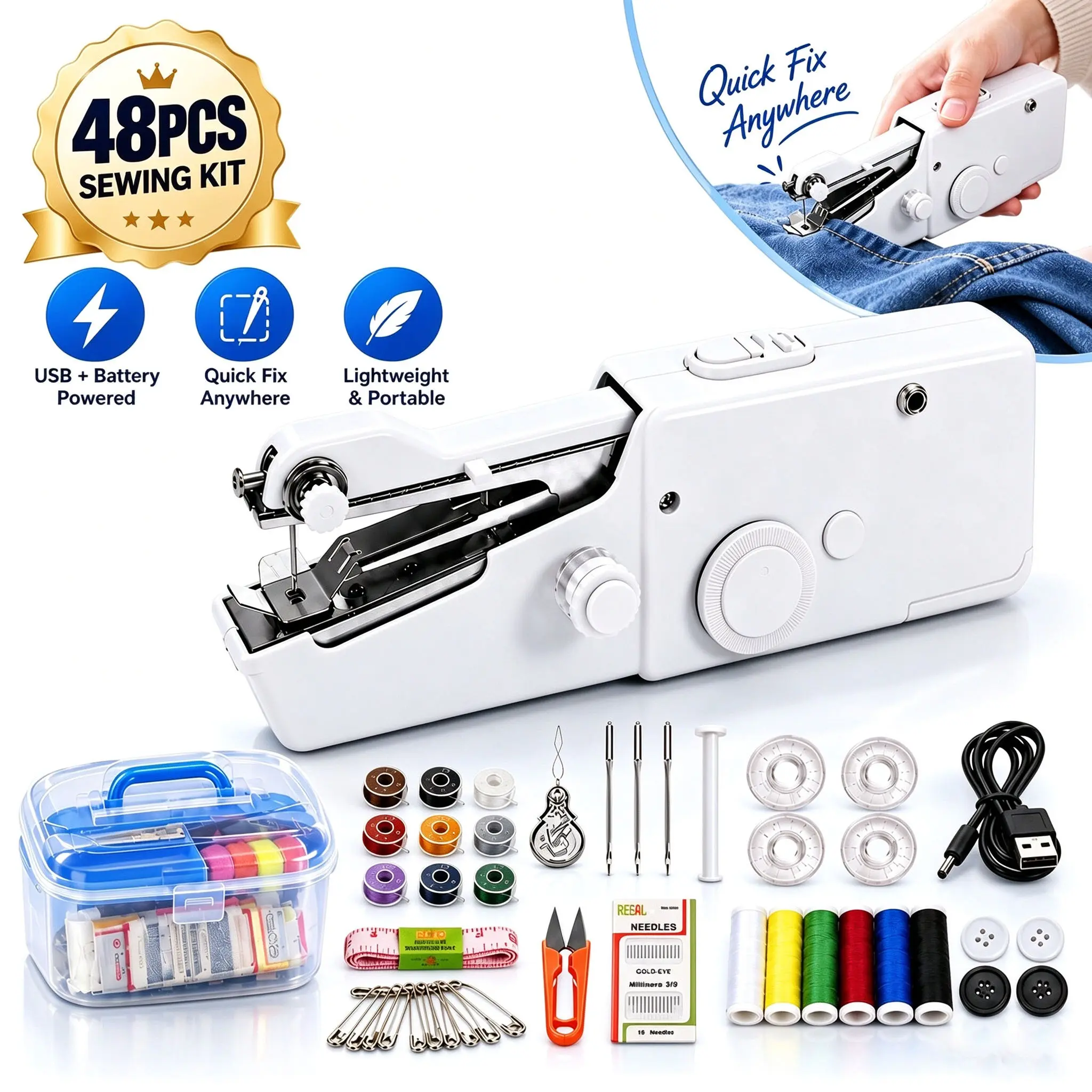 48-Pack Handheld Electric Sewing Machine – Portable Cordless Stitch Tool for Fast Clothes & Curtain Hem Repairs on the Go, Beginner-Friendly Quick Fix Kit