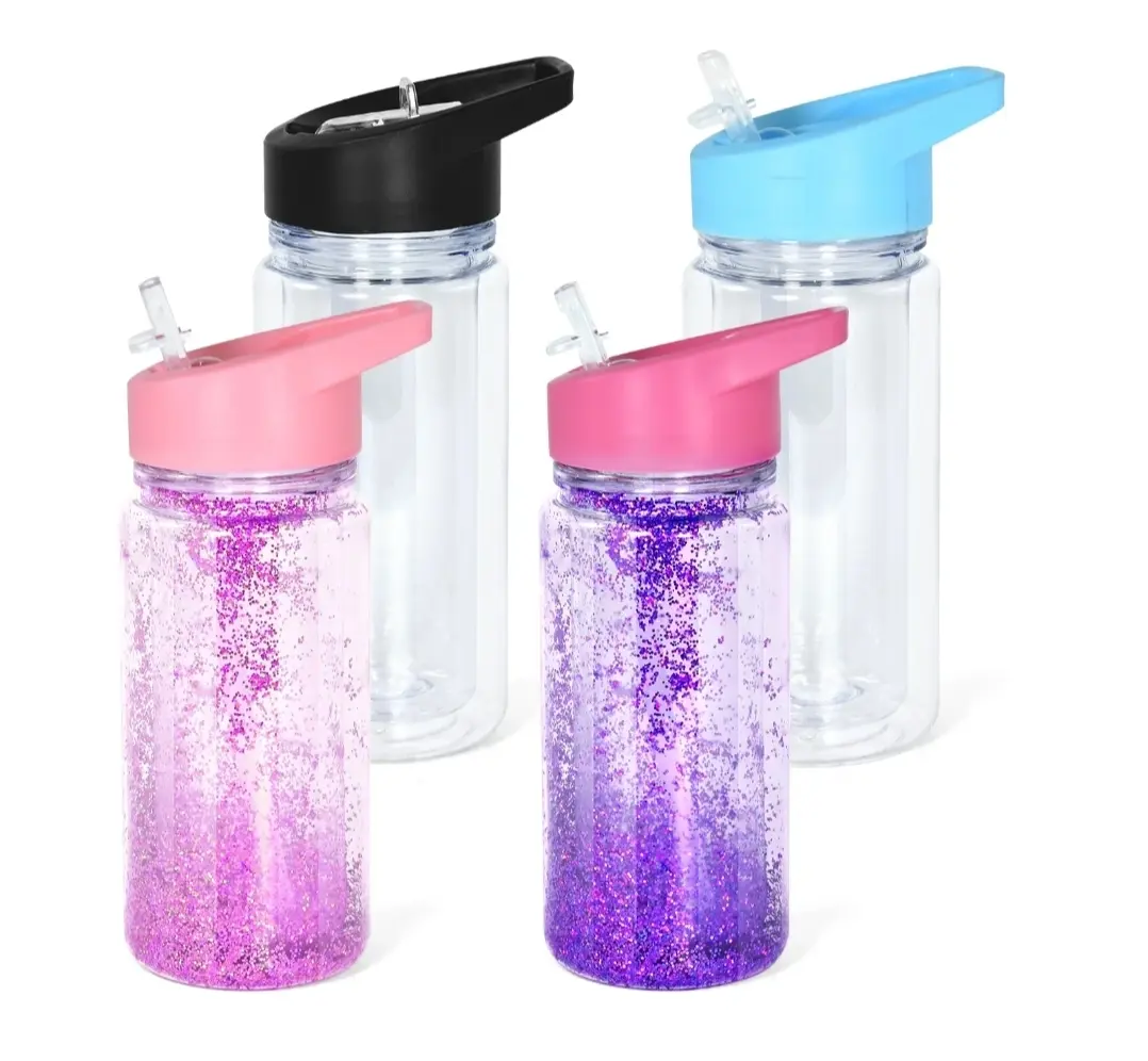 12 oz Custom Modern Acrylic Snow Globe Kids Travel Water Bottle - Double-Walled Reusable Tumbler with Straw, Includes Glitter Wrap, Key Chain