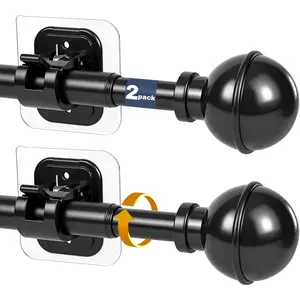 Adhesive Curtain Rod No Drilling for Windows 27 to 84",Renter Friendly No Drill Adjustable Rod, 5/8 Inch Diameter Easy Install Non Screw Screwless Apartment Rods with Stick  Bracket Holder 2-Pack