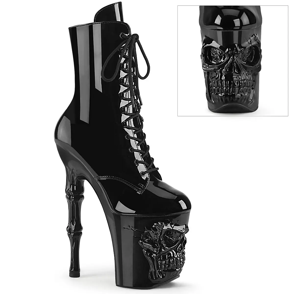 Women's Gothic Patent Ankle Boots, Lace-Up Fashion Style with 8-Inch Finger Bone Decorative High Heel & Sculpted Sole, Footwear, Skull, Platform, Zip, Patent Leather, 8 In, Shoe, Alternative Wear, 8" Heel