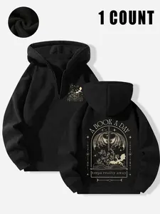 Black Fleece Half-Zip Oversized "A Book A Day" Fantasy Book Lover Graphic Hoodie, Sweatshirt - Fantasy Book Streetwear, Warm Fabric Perfect for Book Lover Gatherings & Autumn/Winter Outings, Bold Golden Fantasy Element Design That Sta