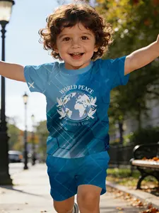 Tech-style world peace, earth and white dove digital print T-shirt, digital print baby short-sleeve set, casual kids' clothing for babies, suitable for daily and outdoor sports. 100% polyester, a perfect gift for infants and young children! Toddler