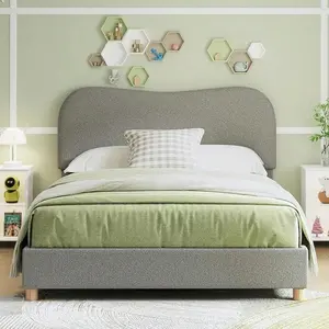 Bouclé Upholstered Platform Bed With Curved Headboard, Soft Rounded Corners & Noise-Free Design – Easy Assembly