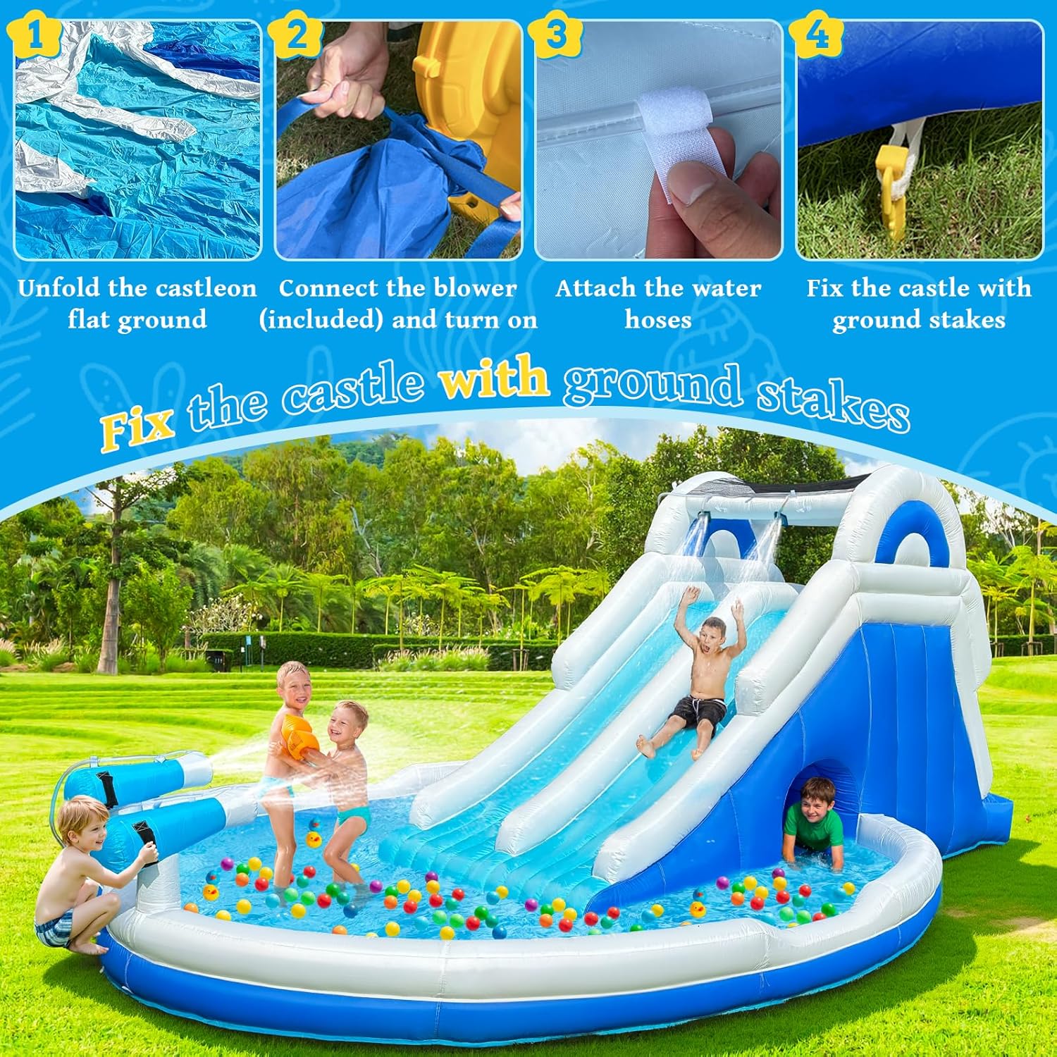 Inflatable Double Water Slide Inflatable Water Slide with Dual Slides & Large Splash Pool, 6-in-1 Backyard Water Park with Water Cannons, Arched Sprinkler, Includes Blower