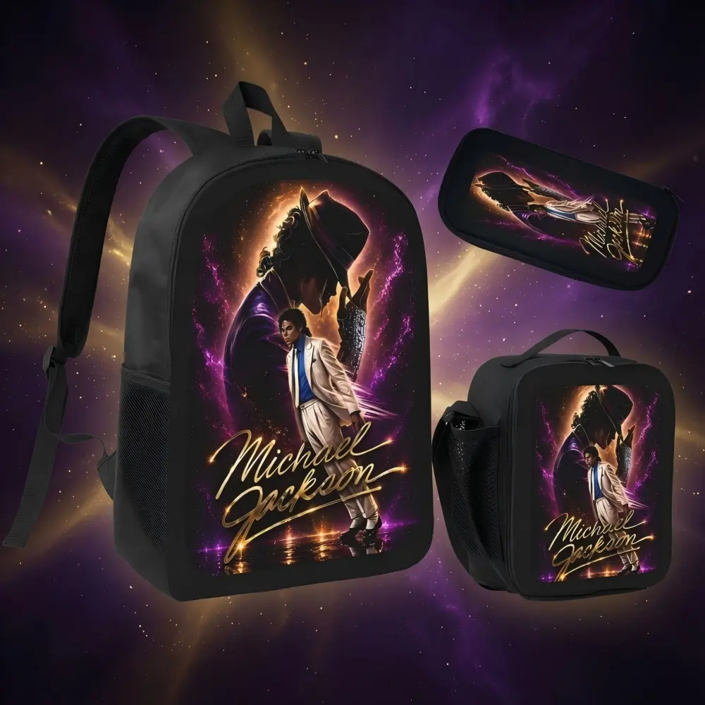 Michael Jackson 3-Piece Backpack Set - 17in Polyester Back to School Teen Bookbag with Insulated Lunch Box, Pencil Case, Cosmic Stars Glowing MJ Portrait Print Oxford Rucksack Gift for MJ Fans