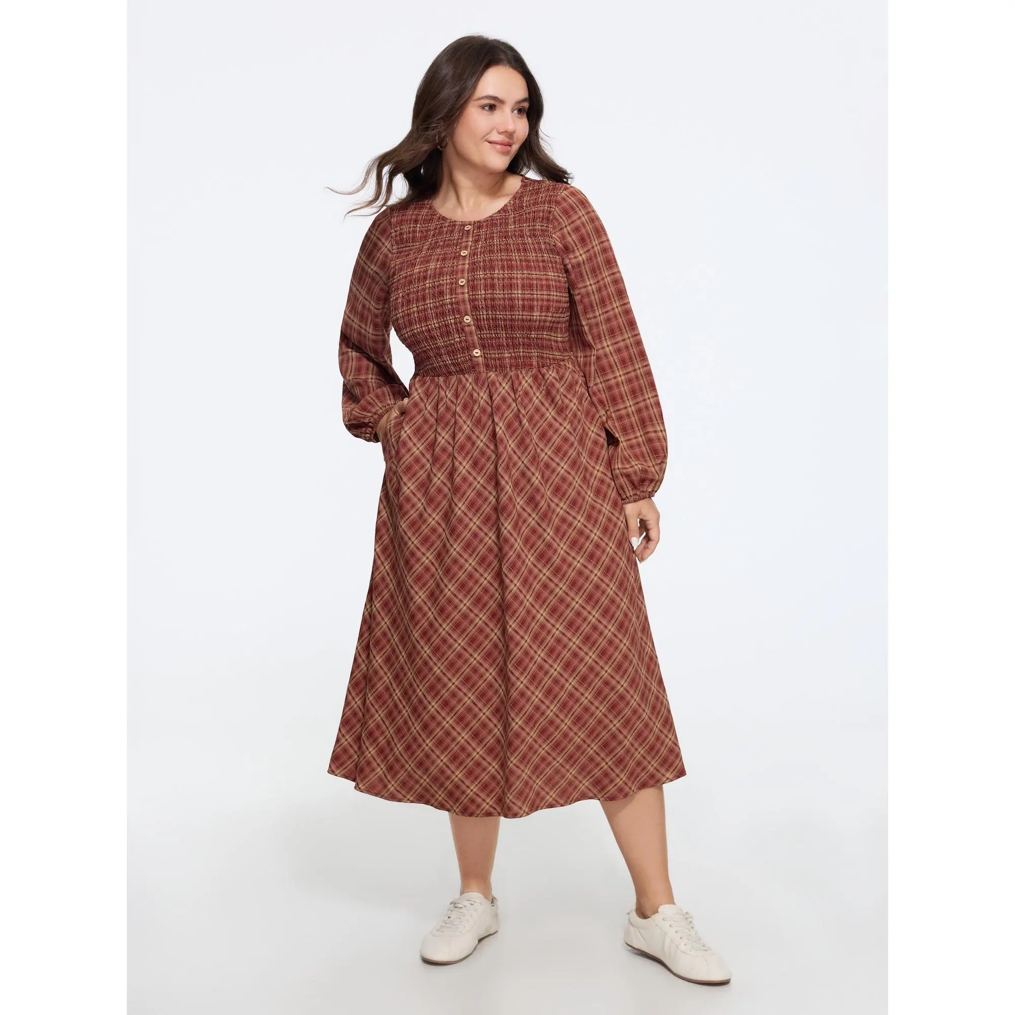 BLOOMCHIC Plus Size Plaid Round Neck Shirred Long Sleeve Midi Dress[M-6X] 2026 Summerfinds, Plus Size Dresses