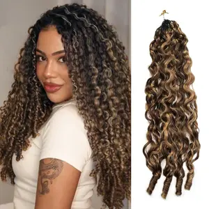 【New Color】ISEE HAIR Burmese Curly Highlight & #4 & Natural Black Color Crochet Human Hair for Boho Braids Plush Texture Miracle Knots Pre-Separated 50g/Pack (32-38 Strands Per Pack) Time-Saving Wear Vacation Hair