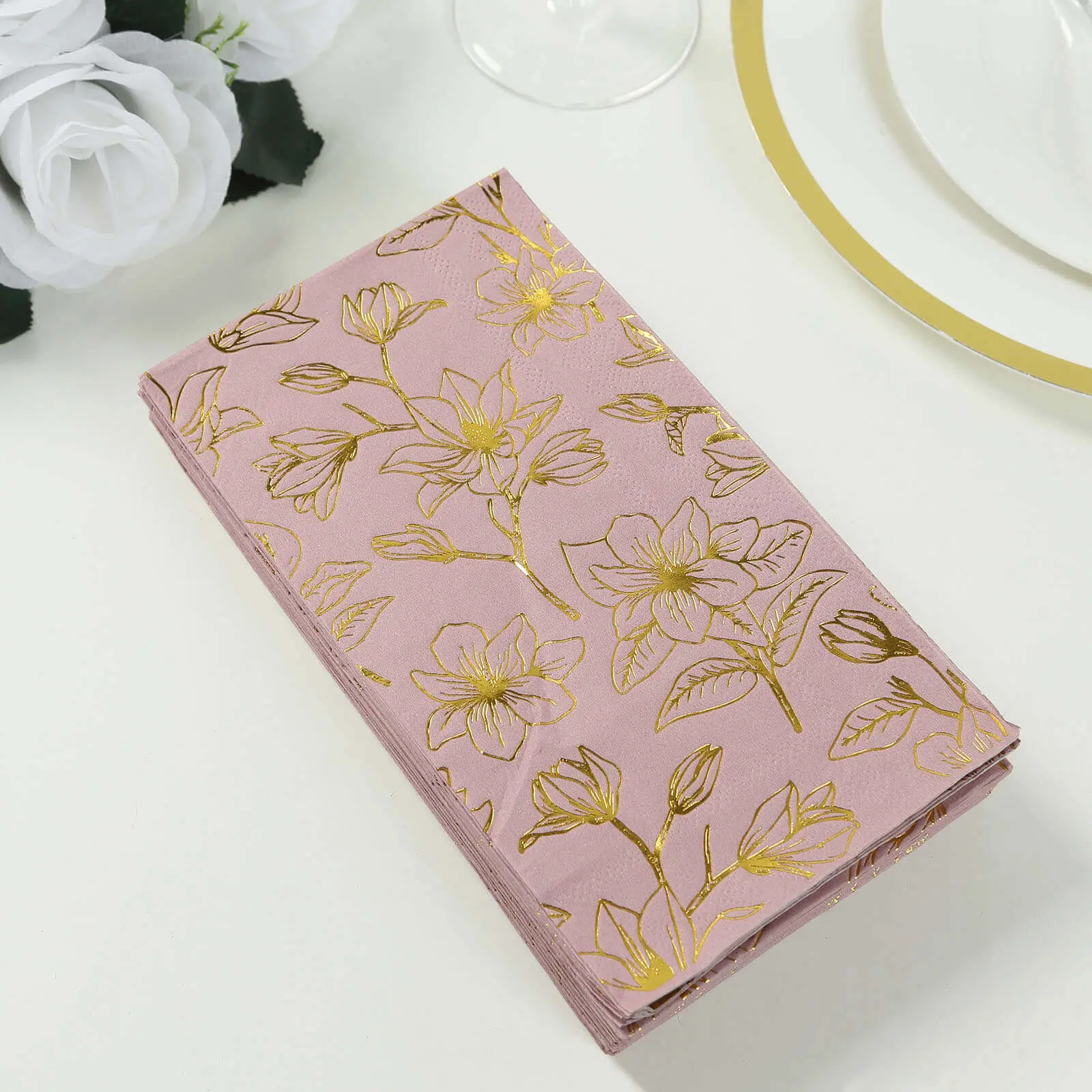 Disposable Paper Dinner Napkins (50-Pack) - 2-Ply Dusty Rose with Gold Magnolia Print, Soft Home Disposable Multi-Use Tableware for Parties