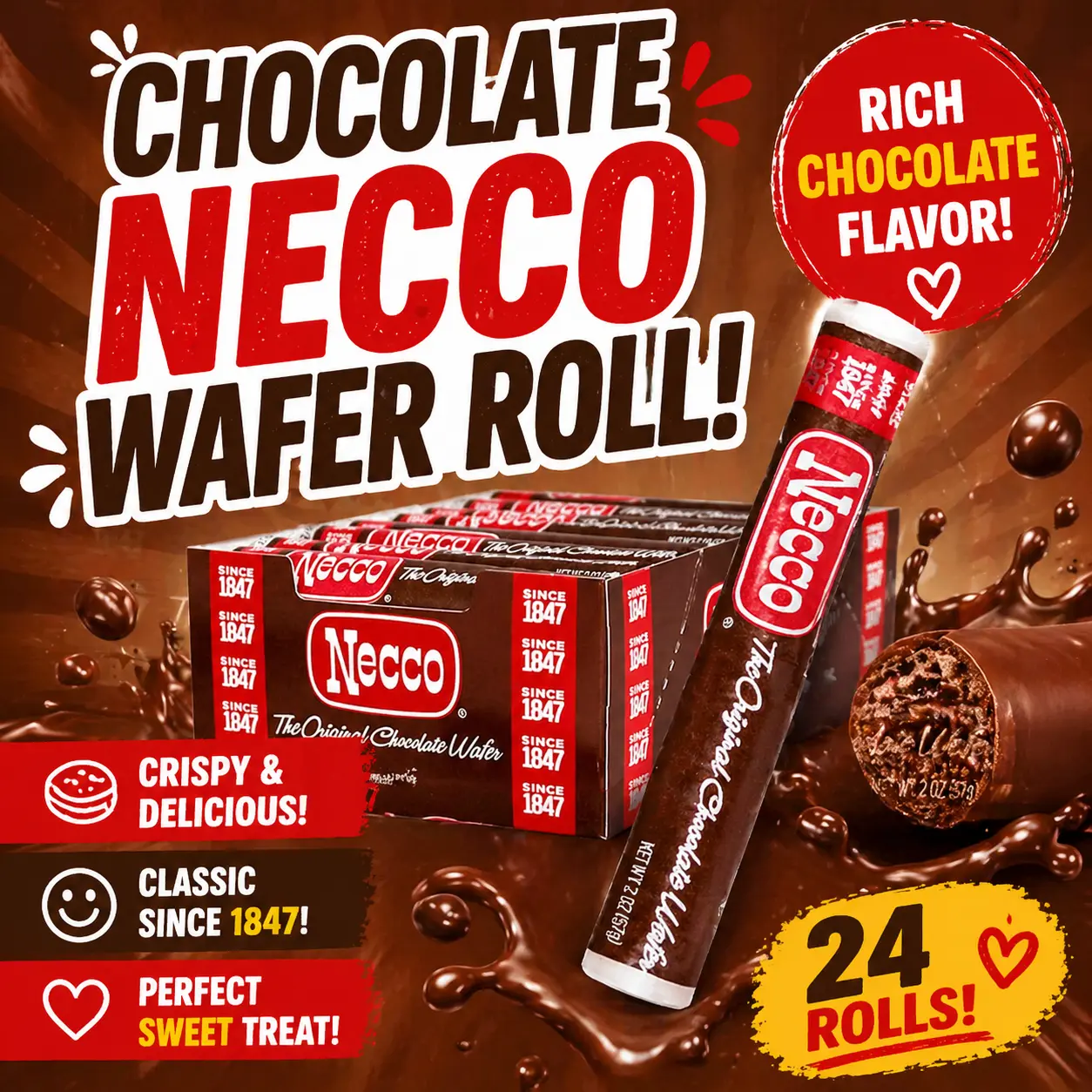 Chocolate NECCO Wafers Rolls 24 Count  Classic Chocolate Wafer Candy Rolls | Nostalgic Hard Candy Treats for Sharing & Snacking