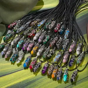 20pcs Natural Stone Hexagonal Prism Wrap Flower Pendant & Black Faux Leather Chain Set (20pcs Pendant +20pcs Chain) - Ideal for Holiday Birthday Party Daily Wear, For Teenager