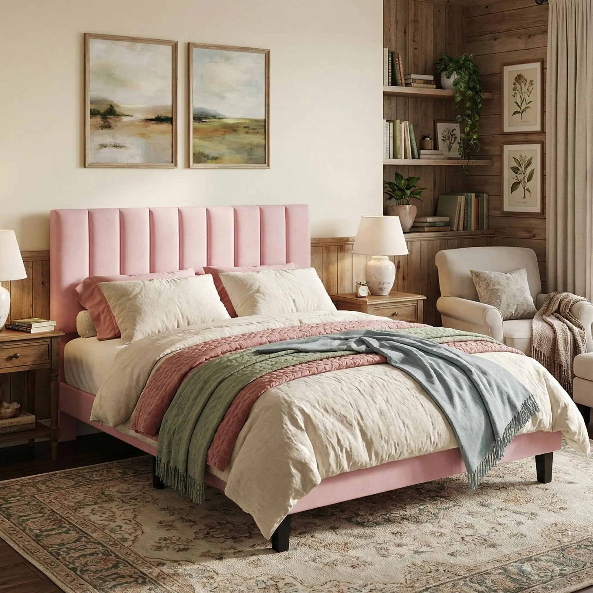 Gaomon Blush Pink Contemporary Upholstered Full-Size Rectangular Platform Bedframe - Tufted Headboard, Adjustable Height Vertical Channels, Sturdy Wooden Support, Silent Sound-Reducing Design, Assembly Required, Contemporary Upholstered Bedframe