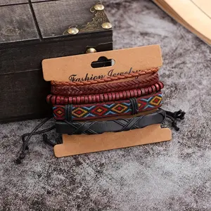4pcs European and American ethnic style multi-layer leather wax rope braided bracelets handmade braided wood bead bracelets adjustable size
