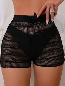 SwimWeek  Women's Hollow Out Cover Up Shorts High Waisted Semi Sheer Tie Front Cover Up Bottoms (Panty not Included)