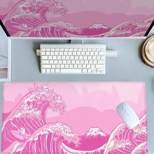Pink Cat Wave Desk Mat Gaming Mouse Pad XXL Extended Mouse Pad for Laptop Large Mouse Pad for Desk with Non-Slip Rubber Base Stitched Edges Surface for PC Gamers Office Workers & Home Use Desk Accessories