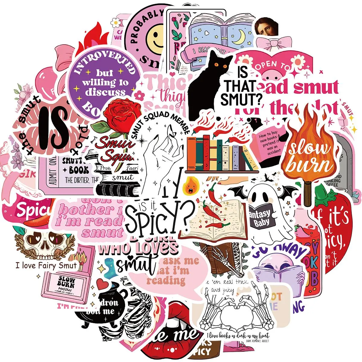 Book Sticker, 50pcs/set Smutty Bookish Sticker Pack for Readers Adult, Vinyl Decals for Laptop Ebook Reader Water Bottle Girls