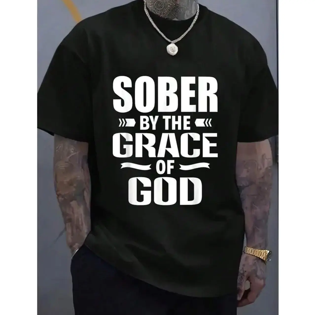 Women's Cotton Unisex Round Neck Breathable Short-Sleeve Christian Jesus Religious "Sober By The Grace Of God" Graphic T-Shirt, Casual Gym & Layering Tops JLT