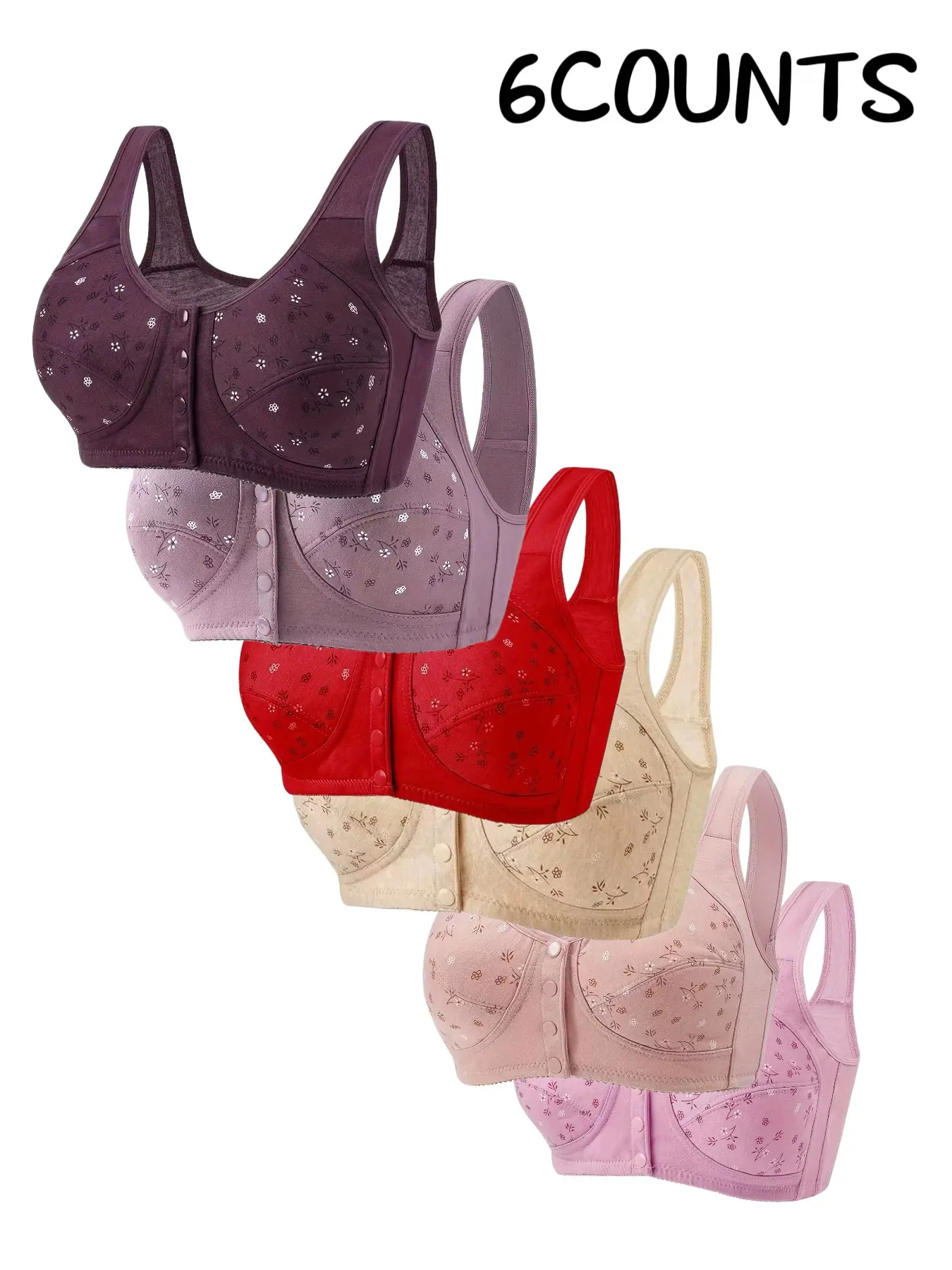 6-Pack Floral Elegant Chic Wireless Womenswear Everyday Bras, Comfortable & Breathable, Full Coverage Push-Up, Elderly-Friendly Front Buckle, All-Season Fitted Bra