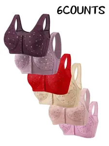 6-Pack Floral Elegant Wireless Womenswear Bras, Comfortable & Breathable, Full Coverage Push-Up, Elderly-Friendly Front Buckle, All-Season Fitted Bra