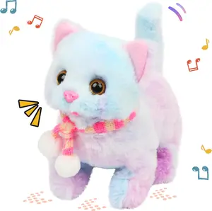 Easfan Walking Kitty Plush Toy Electric Interactive Cat Stuffed Animal Meowing Tail Wagging Head Nodding Cat Pet Toy Animated Kitten Birthday for Kids Toddlers,7.5’’ (Rainbow)