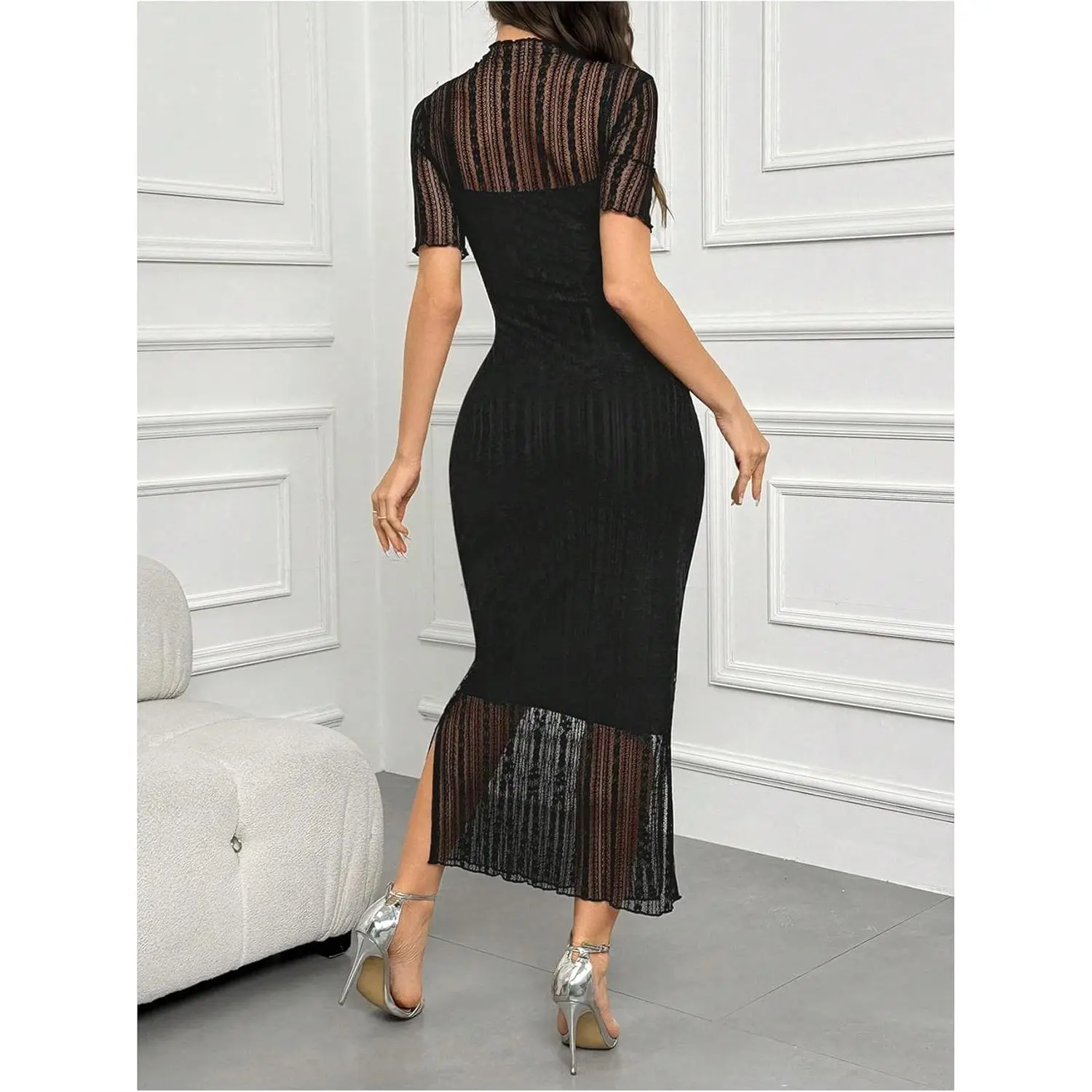 Women's Contrast Lace Mock Neck Pencil Dress Mesh Short Sleeve Slit Midi Dresses F - TikTok Shop Women's Contrast Lace Mock Neck Pencil Dress Mesh Short Sleeve Slit Midi Dresses F - TikTok Shop