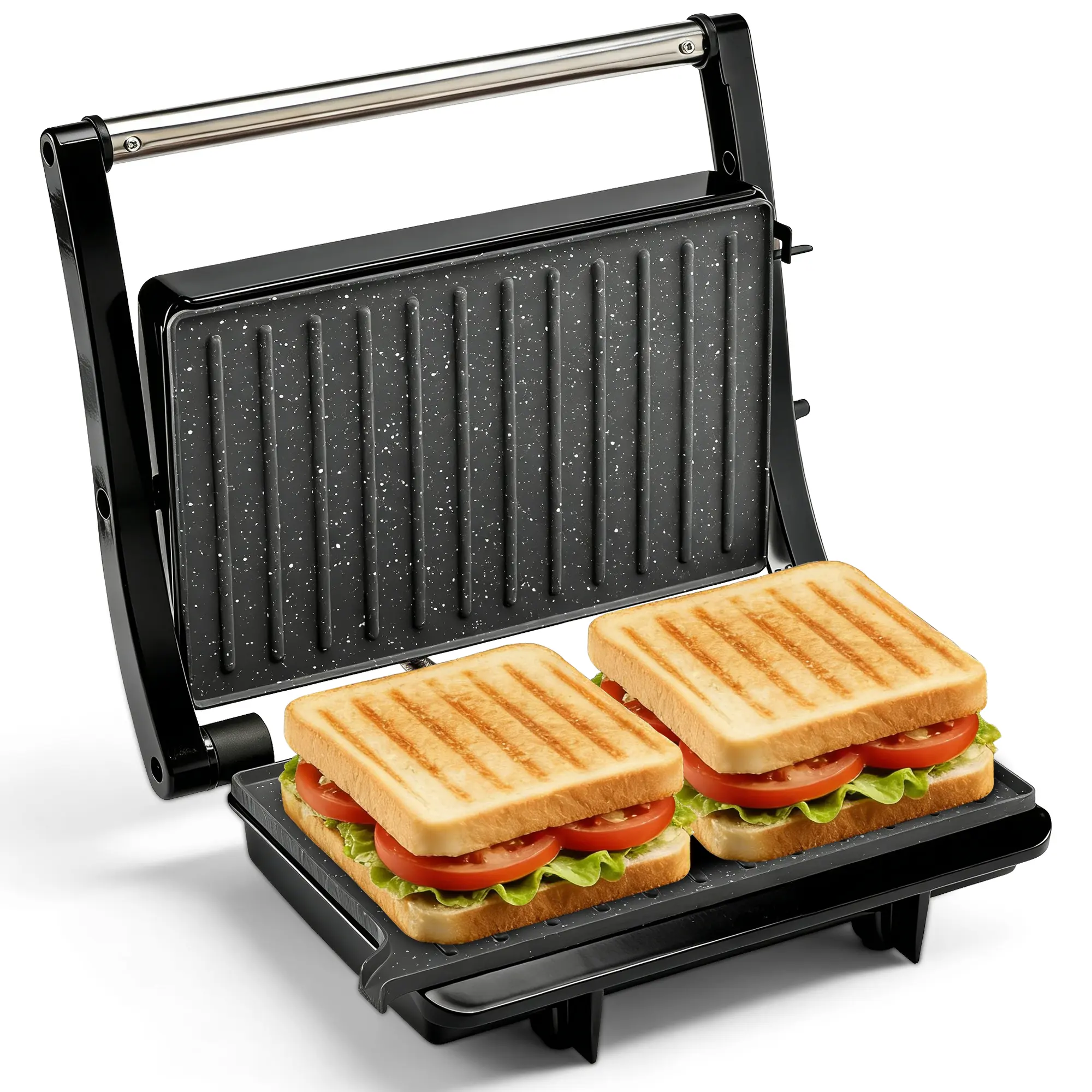 Electric Sandwich Maker and Panini Press, 1000W Countertop Contact Grill with Nonstick Plates, 180° Flat Opening, Easy to Clean, Black