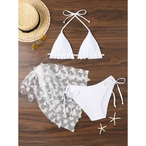 3-Piece Womens Swimwear Set - Classic Solid Butterfly Applique, Playful Lettuce Trim & Tie-Halter Design - Perfect for Beach & Pool summer outfits
