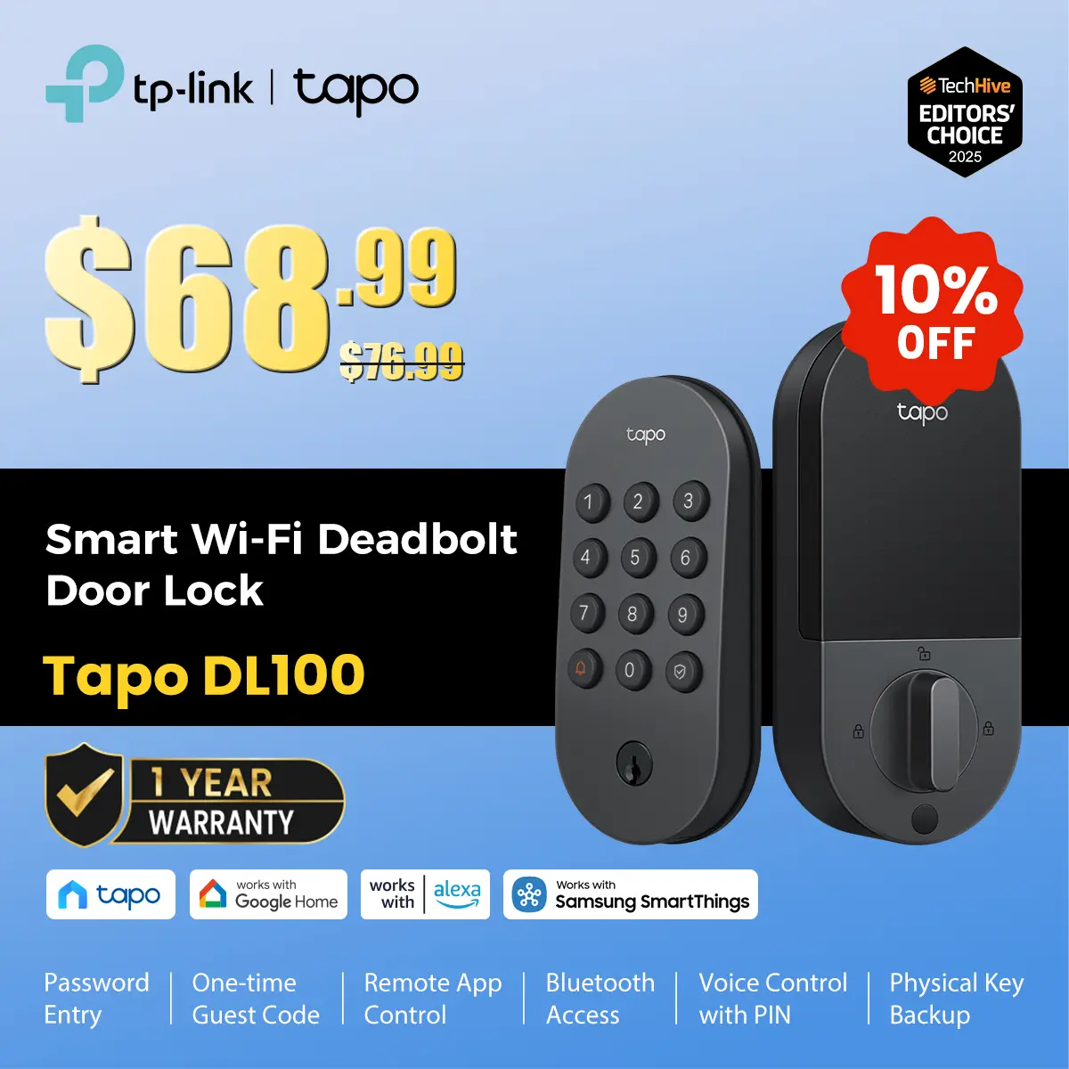 TP-Link & Tapo DL100 Wi-Fi Deadbolt Door Lock – Keyless Tactile Buttons, Customized Access with in-App Monitoring, Auto-Lock, IP54 Weatherproof, BHMA Grade 3, Compatible with Standard Door Sizes