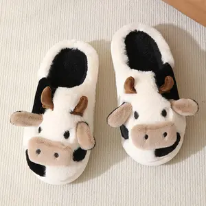 Cartoon Cow Slippers - Furry Fluffy Soft Indoor & Outdoor Footwear for Men & Women, Round Toe, Slip Resistant, Soft Fabric, Ideal for Winter - Comfort Walking Shoes