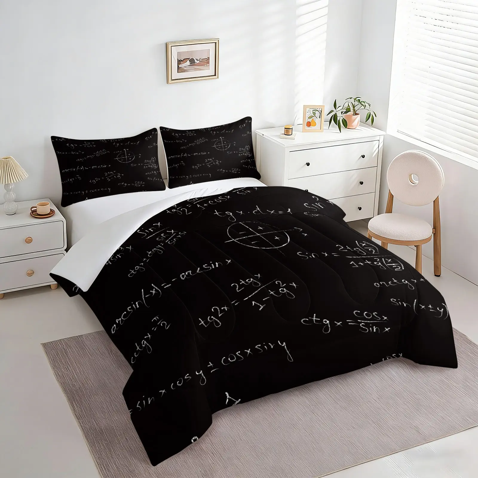 2/3Pcs Math Theme Comforter Set, Numbers Formula Pattern Quilt Bedding Set with Pillowcases, Cool Science Geek Bedroom Decor, Soft Cozy All Season Bed Set for Teens & Adults