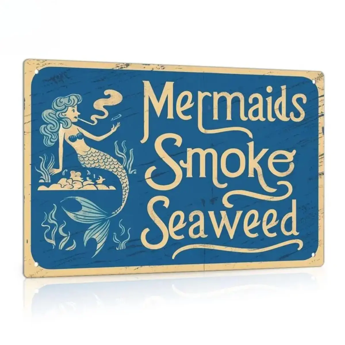 Vintage Mermaid "Mermaids Smoke Seaweed" Print Metal Tin Sign - Lightweight Hanging Home Decor Accessory, Retro Coastal Bar Sign for Home Bar, Funny Rustic Wall Plaque Decorative Sign Home Office Decoration