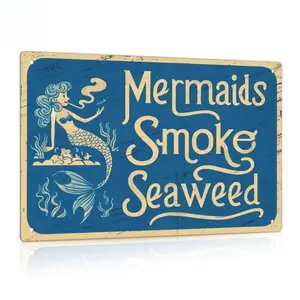 Vintage Mermaid "Mermaids Smoke Seaweed" Metal Tin Sign, Retro Coastal Wall Decor for Beach House, Bar & Man Cave, Funny Rustic Wall Art