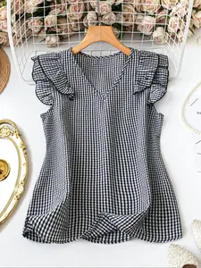 Women's Casual Gingham Shirt Top, Fitted Woven Fabric, Summer Loose-Fitting Blouse, Heart Collar, Fly Sleeves, Non-Sensitive Goods, Womenswear, Piece