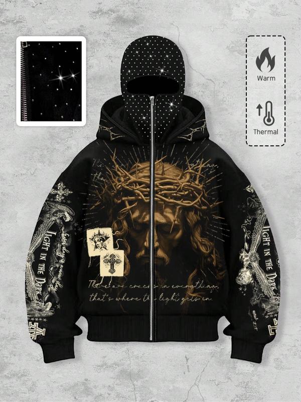 Men's Street Style Rhinestone Decor Hoodie With Two Hat, Windproof Jacket with Pockets and Zipper Design, Fall & Winter Wear