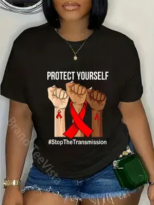 100% Cotton Unisex Raising Hand Protect Yourself HIV/AIDS Awareness Red Ribbon T-Shirt