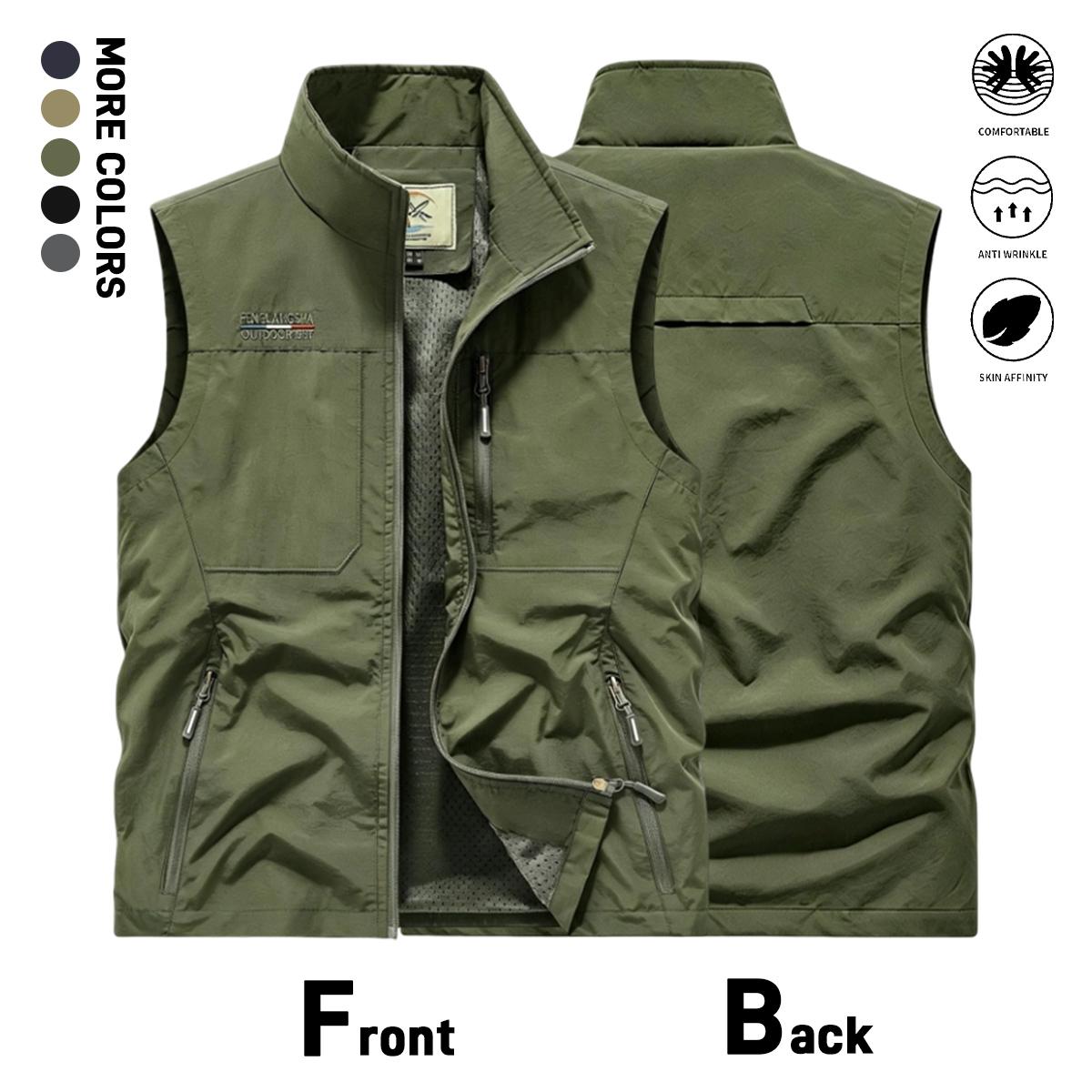 Men’s outdoor sleeveless vest, lightweight quick-dry zip-up stand collar cargo vest with multiple zippered pockets, casual vest for fishing, photography, and travel
