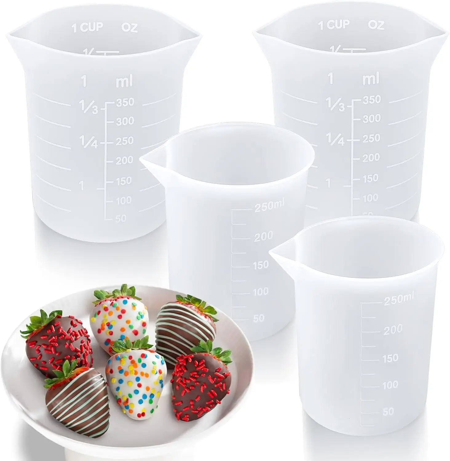 Set of 4 Wide Mouth Transparent Silicone Kitchen Measuring Cups - 250ml,350ml,500ml Sizes, Accurate Reusable Utensils for Chocolate Making, Cheese Prep, Jewelry Making, Craft Projects, Caramel
