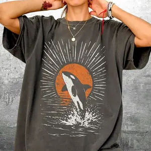 Vintage Sun Killer Whale Beach Shirt, Oversize Unisex Tee.