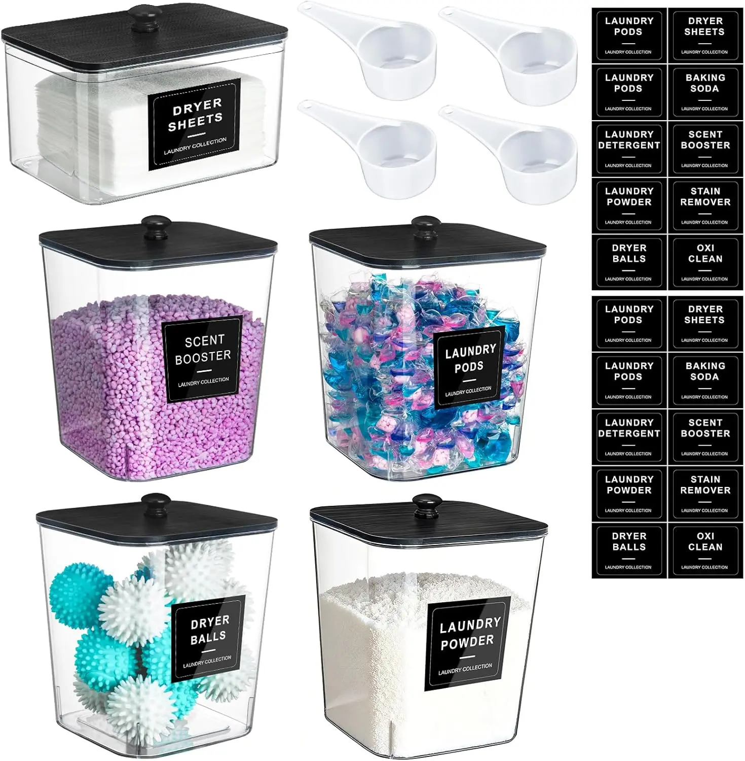 5-pack laundry containers, clear laundry room organizers, large detergent storage containers, black wooden lids with labels, acrylic dryer sheet holder decoration