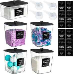 5-pack laundry containers, clear laundry room organizers, large detergent storage containers, black wooden lids with labels, acrylic dryer sheet holder decoration