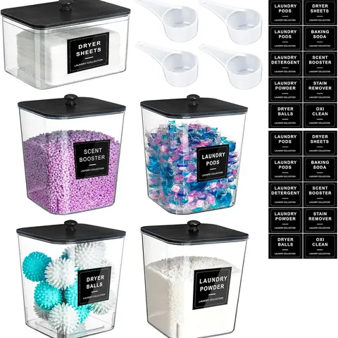 SANNAX 5-Pack Modern Rectangular Durable Storage Boxes Set - Dustproof Black Wooden Lidded Detergent Holders with Labels, Acrylic Dryer Sheet Holder for Home Clothes Organization