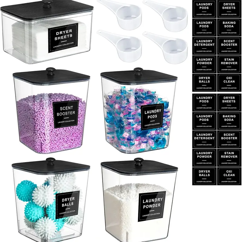 SANNAX 5-Pack Modern Rectangular Durable Storage Boxes Set - Dustproof Black Wooden Lidded Detergent Holders with Labels, Acrylic Dryer Sheet Holder for Home Clothes Organization