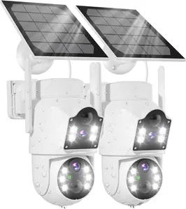 Dual Lens Solar Security Cameras Wireless Outdoor 100% Wire-Free Battery Powered Camera, Pan Tilt, 4MP Color Night Vision, PIR Motion Detection, Spotlight/Siren Alarm, Only 2.4G WiFi
