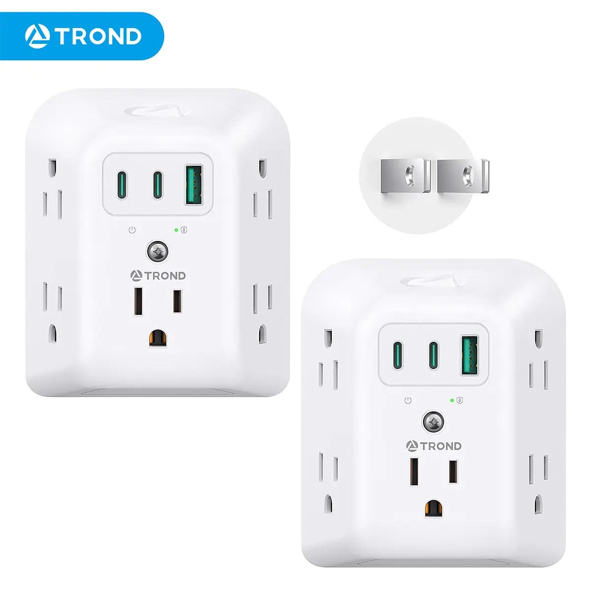 [2 Pack]TROND 2 Prong Multi Plug Outlet, 2 Prong to 3Prong Outlet Adapter, 5 Outlet with 3 USBPorts(2 USB-C), Outlet Exdender with On/Offswitch, Power Strip with Adapter for Non-Grounded Outlet Old House Socket Home