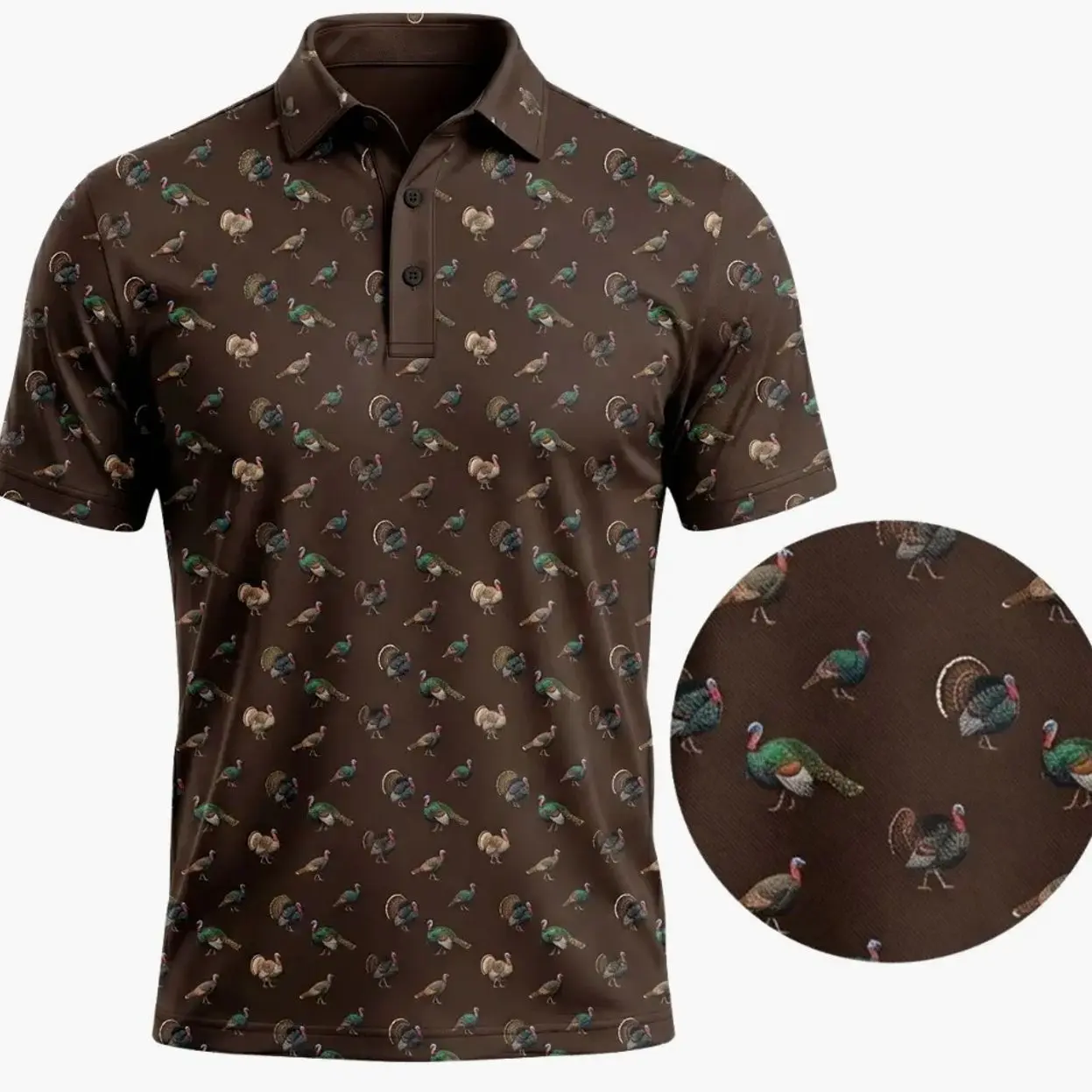 Men's Classic Performance Polo Shirt - Polyester Turkey Hunting All-Over Print, Breathable Textured Piqué Fabric, 3-Button Menswear Outdoor Casual Streetwear